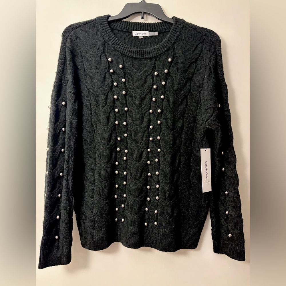 Calvin Klein Women's Metal Stud Cable-Knit Sweater Long Sleeve Black NWT Large
